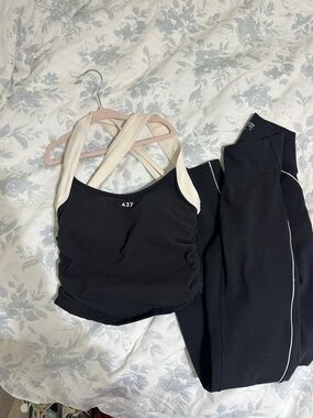 Black and Cream Crossback Crop Top and Legging Set